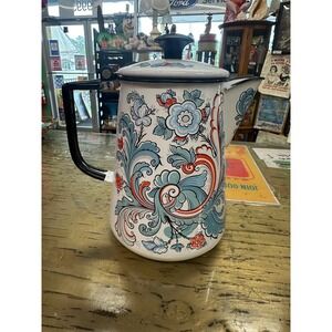 Rustic Vintage Large Enamel Coffee Pot Norwegian Rosemaling Berggren
